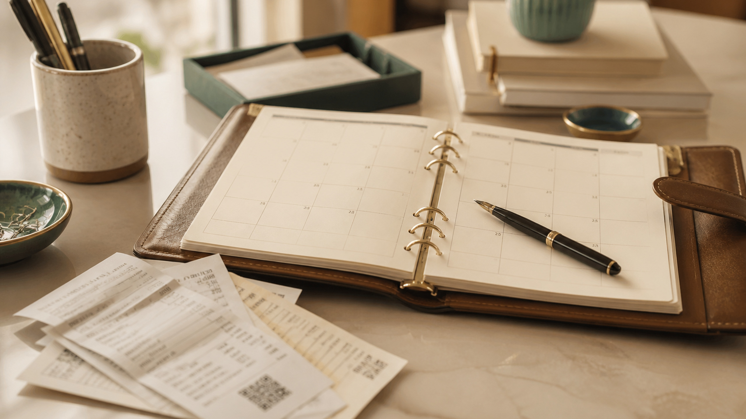 Agenda y comprobantes de cobro sobre un escritorio ordenado