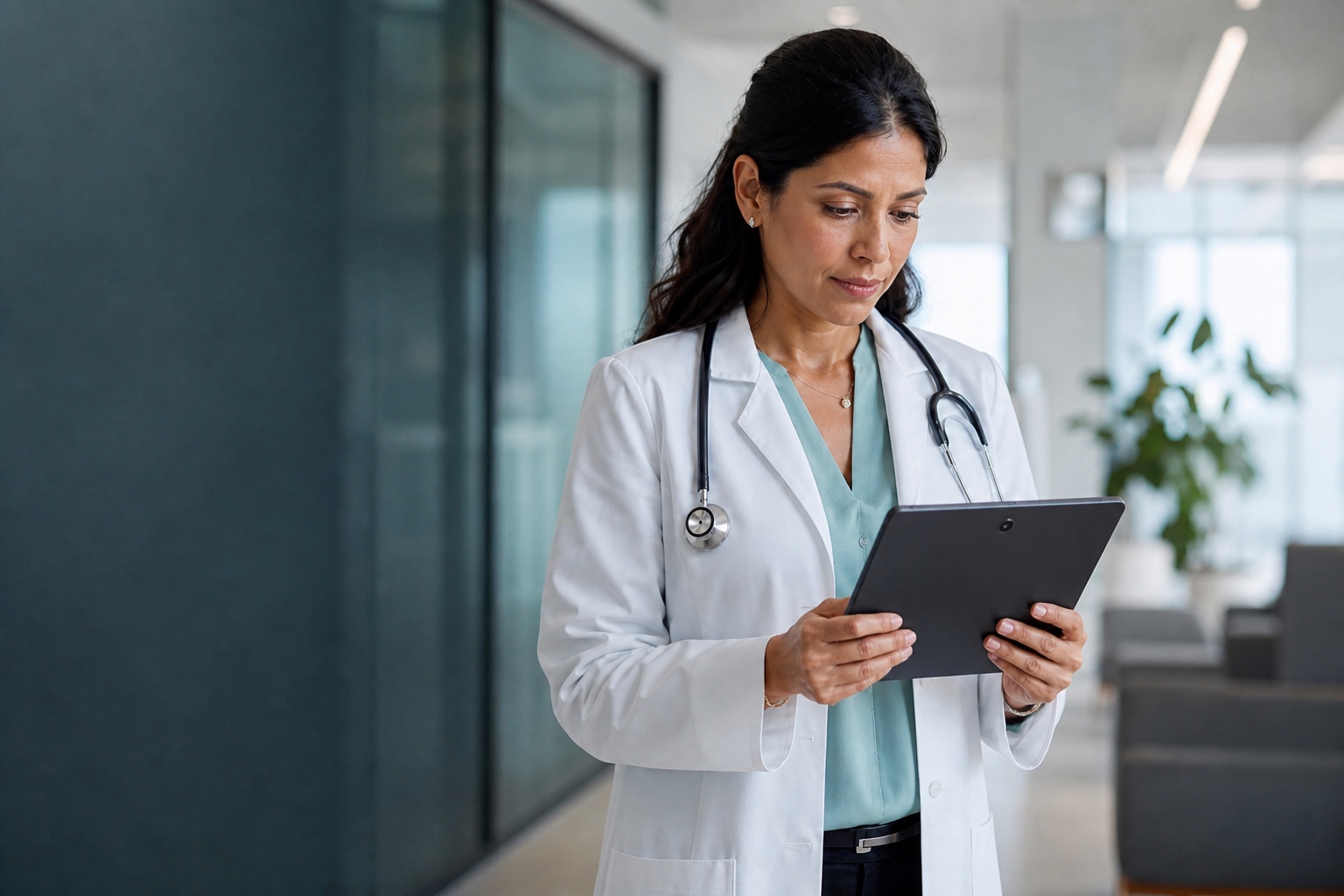 Doctora revisando información clínica en una tablet