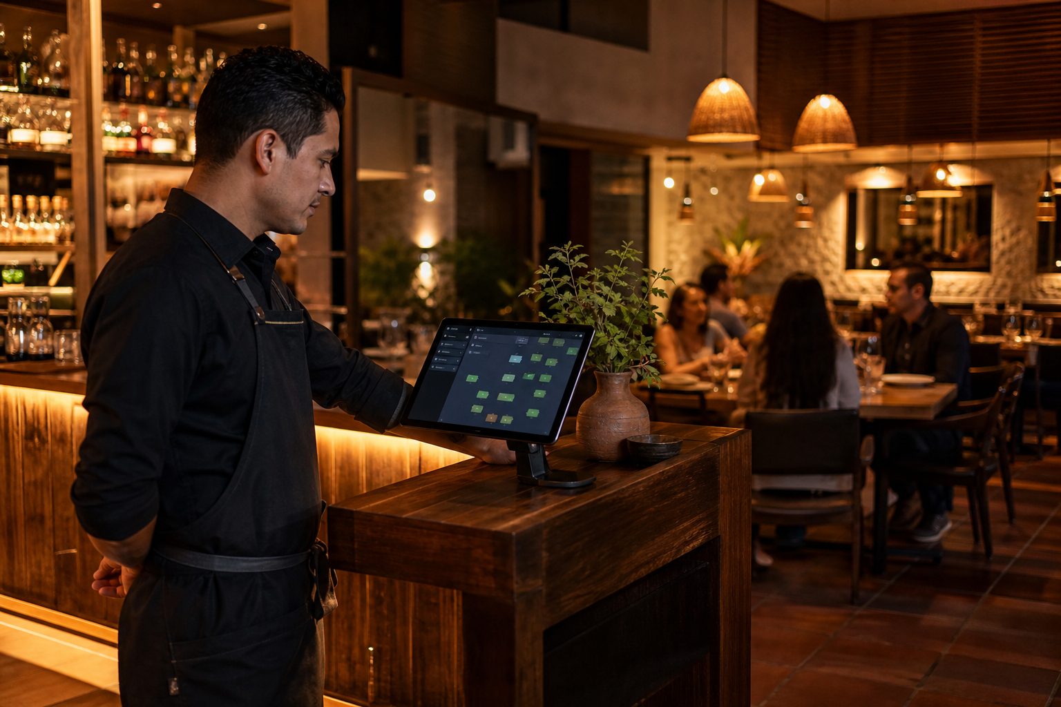 Equipo de restaurante usando Ventix Restora en tablet para gestionar mesas